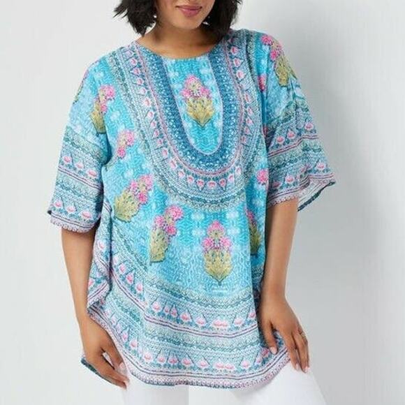 Tolani Narissa Boho Caftan Tunic Top Small Aqua Blue Pink Floral - Picture 3 of 8
